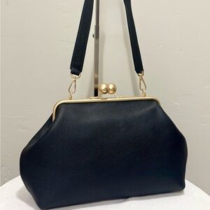 Black Pebble Leather Handmade Vintage Style Extra Large Kisslock Frame Bag